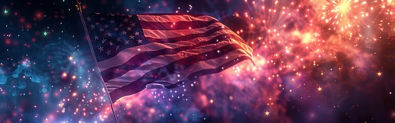 American flag with vibrant fireworks celebrating Independence Day