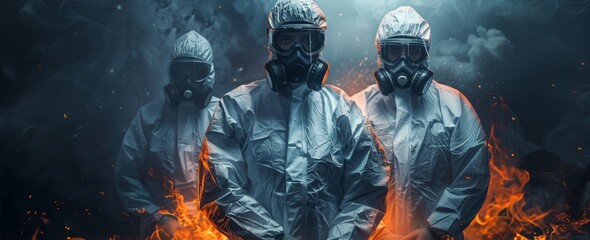 Fototapeta premium Group of people wearing hazmat suits and gas masks amidst fiery flames and smoke