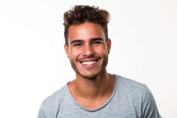 Fototapeta premium Man Isolated On White. Laughing Brazilian Model in Young and Cheerful Pose