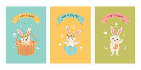 Cute Easter cards or posters collection. Spring set of easter bunny. Vector illustration with rabbit.