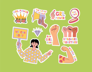 Set of stickers with fists up, feminism slogans, flowers, hands, bouquets and envelopes. Strong women rights. Vector illustrations. Happy women's day sticker collection. Girl power, Women empowerment.