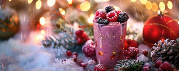 Berry smoothie with Christmas lights and decorations, Vintage, Illustration, Warm colors