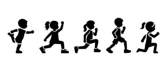 Children exercising silhouette black filled vector Illustration icon. kids playing vector. Children are jumping, playing and having fun.