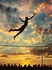 Realistic illustration of high jump athlete midair, perfect form, crowd cheering, sunset backdrop, wideangle shot, clear details