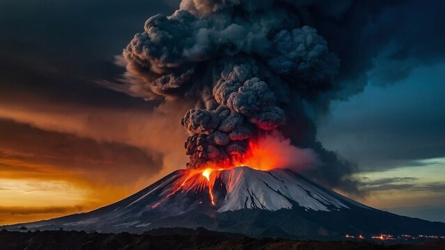An epic shot of a volcano erruption with smoke clouds and flowing hot lava. Scenic view of a smoking volcano mount peak with cloud of ashes over the sunset sky.	