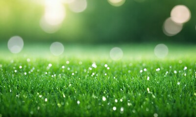 Obraz premium Close up of dew drops on green grass with blurred background