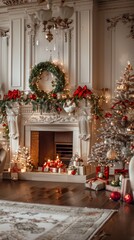 Fototapeta premium Christmas tree and fireplace decorated for the holiday season