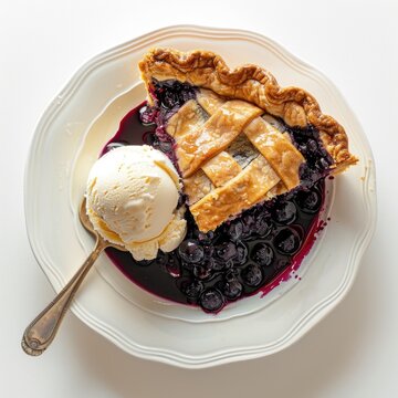 Blueberry pie with a flaky butter crust and a sweet-tart blueberry filling, served with a scoop of vanilla bean ice cream, white background