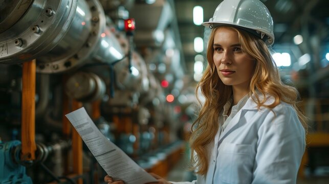 Smiling warehouse manager in safety vest and hard hat, Waist up portrait of mixed-race female worker posing confidently while standing with arms crossed in factory workshop, - Powered by Adobe