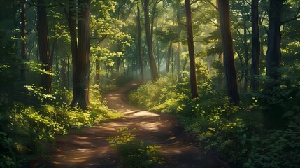 Fototapeta premium Sunlit Forest Path Winding Through Lush Green Trees