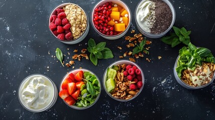 Bowls with small salad and yoghurt and sweets Blood sugar management for diabetes.