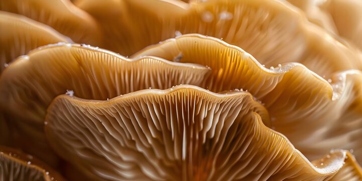 Detailed Macro Shot of Mushroom Gills from Below Textured and Intriguing View. Concept Mushroom Photography, Macro Shots, Gills Close-up, Textured View, Unique Perspective