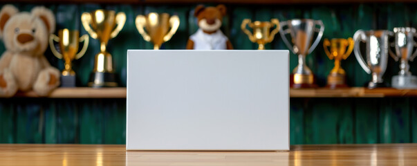 Blank podium with a school mascot and sports trophies in the background