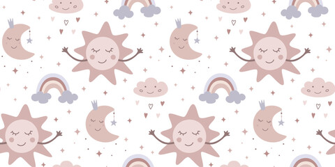 Children's seamless pattern for birthday, wallpaper, fabric, bed linen design. Cute illustration of sun, moon, cloud, rainbow in cartoon design. Vector illustration.
