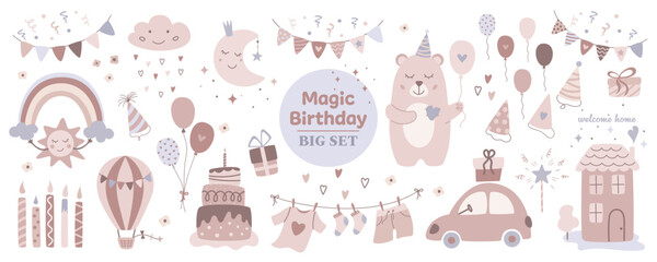 Children's magic happy birthday element set in cartoon design. Festive birthday elements collection in flat style. Vector illustration.
