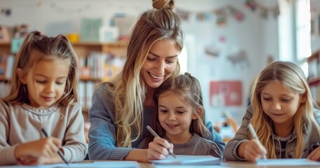 Smiling young teacher guiding three children in an engaging classroom activity