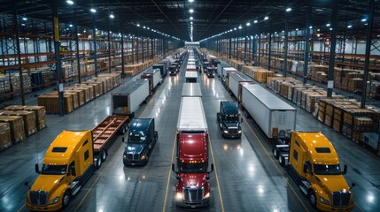 Aerial view of trucks in a large warehouse, industrial trucking industry