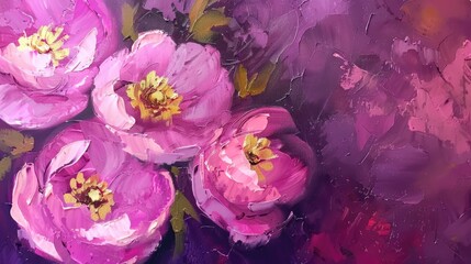 Bright pink and gold beautiful flowers on deep purple background painted with oil paint