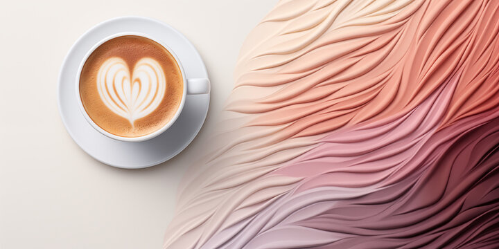 Cup of coffee with latte art in heart shape on patterned wavy background