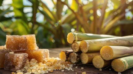 Brown sugar with fresh sugar cane on wooden table with sugar cane plantation farming background