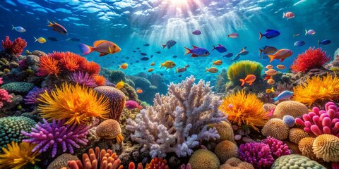 Vibrant coral reef ecosystem thrives beneath crystal-clear turquoise waters, with sea fans and tropical fish swimming amidst healthy sea anemones and colorful coral formations.