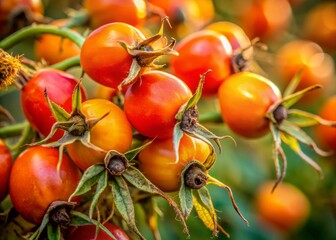 Vibrant orange rose hips with delicate seeds and wispy hairs against a soft blurred background, highlighting the intricate textures and natural beauty of the fruit.