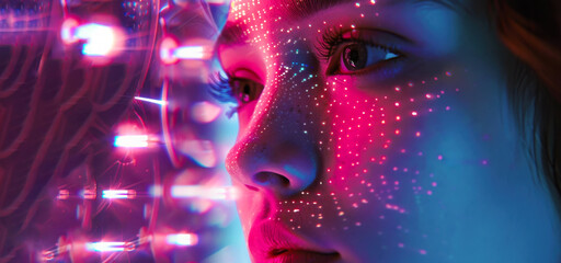 Futuristic Face with Digital Dots. A futuristic face with glowing digital dots, illustrating advanced technology and the integration of digital data in human appearance.