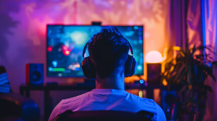 Gamer Immersed in Gaming Experience. A man with headphones sits in front of a screen playing a video game in a dark room illuminated by colorful lights.