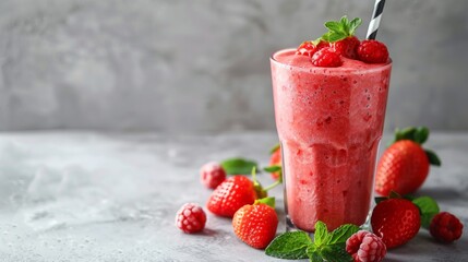 Strawberry Raspberry Smoothie with Mint in Tall Glass with Straw. Delicious and Healthy Summer Drink.  Concept of Healthy Lifestyle, Dieting, and Refreshment.