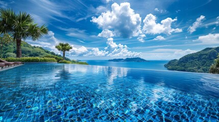 Fototapeta premium Infinity pool overlooking the ocean with a blue sky and white clouds. Tropical vacation destination. Luxury resort and travel photography.