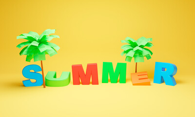 The word summer with palm trees. 3d illustration