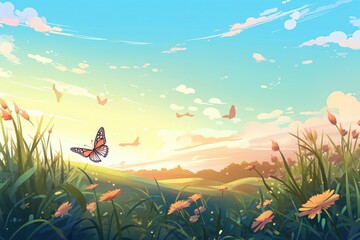 Meadow landscape with butterflies butterfly outdoors nature.