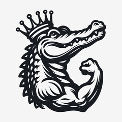 cool strong alligator wearing a crown and showing muscles illustration