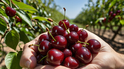 A handful of cherries offered in a human palm in a cherry orchard
