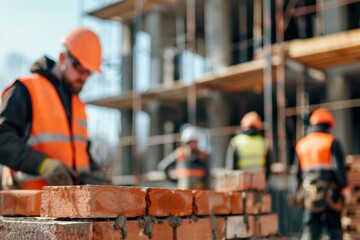 Construction worker laying bricks at building site