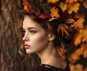 Fototapeta premium Beautiful woman with autumn leaves in hair, highlighting fall season and natural beauty