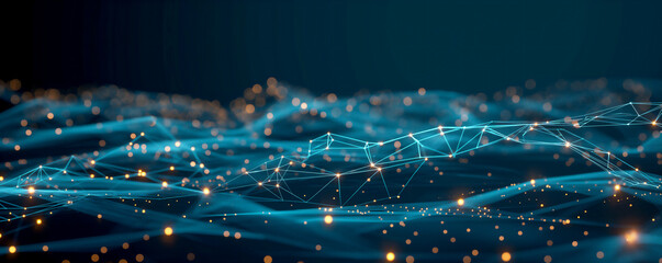 Fototapeta premium Dark blue background with digital waves and glowing dots representing the concept of blockchain technology, creating an abstract representation of big data network connections.