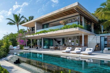 Fototapeta premium Modern villa on stilts architecture outdoors building.