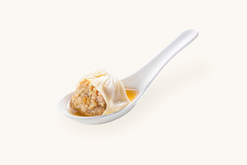 Green SquasPork and Roasted Garlic Xiao long bao steamed bun dumpling served in spoon isolated on grey background side view of hong kong food