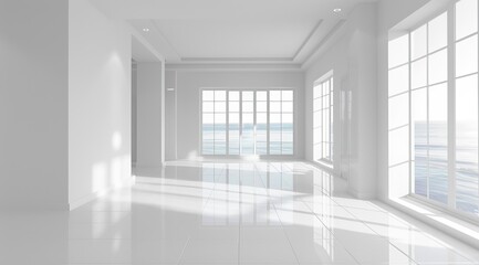 Fototapeta premium Bright white empty room with large windows and ocean view, modern interior design