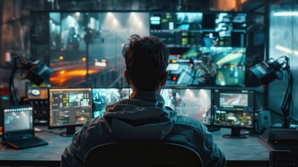 Naklejka premium Back view of young man with watching surveillance footage and map on computers