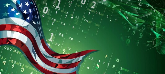 American flag with binary code background symbolizing technology and patriotism