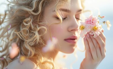 Naklejka premium Beautiful blonde woman with curly hair holding pink flowers. Spring portrait of serene young female.
