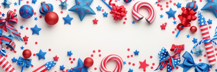 Obraz premium Celebratory red, white, and blue decorations with stars, ribbons, and candy canes on white background