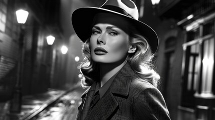 Elegant woman in noir style on city streets at night