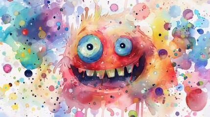  Cheerful watercolor painting of a cute candy monster with bright and playful colors