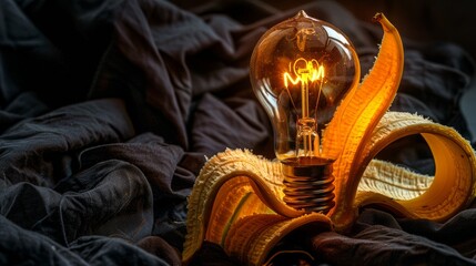 Fototapeta premium Illuminated creativity: lightbulb resting in a peeled banana