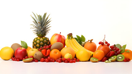 fruits on a white background.Healthy Assortment of Fresh Fruits on White Surface