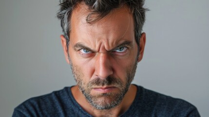 Fototapeta premium Angry man with furrowed brow and intense stare, conveying frustration, anger, or rage. 