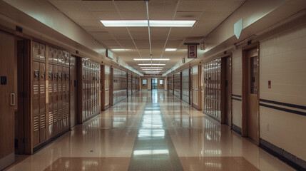 Fototapeta premium A quiet, vacant corridor in a school building, stretching far ahead with neatly arranged lockers and doors to classrooms, lit by overhead lighting.